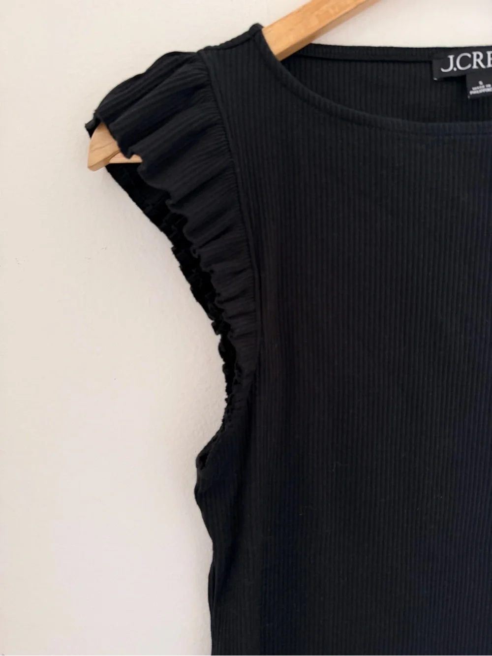 J. Crew Vintage Rib Ruffle Sleeve Top Black Ribbed Flutter Tee Shirt S